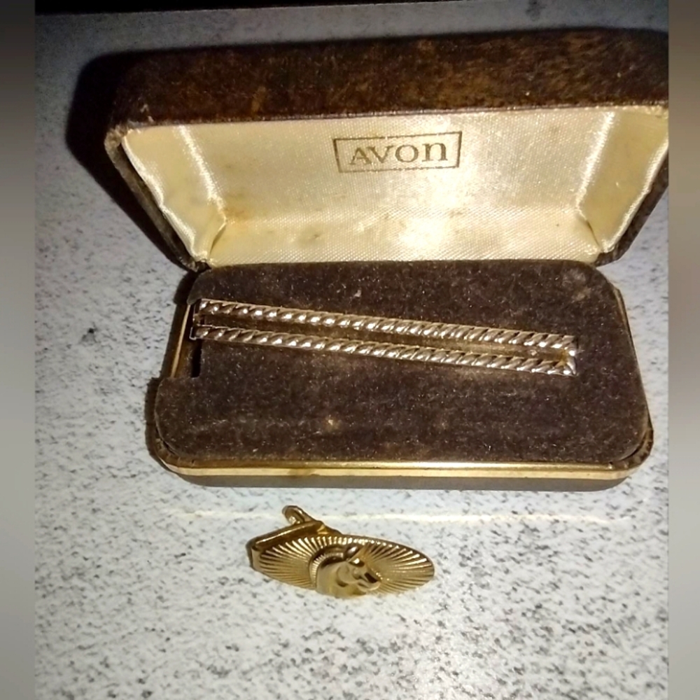 Two Vintage Golden tie clips from the 1970s, Avon Bar & Oval Horse
